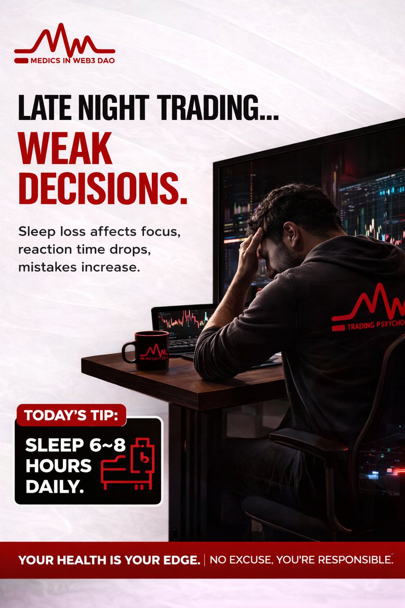 Medicsinweb3's tweet photo. Late night trading
WEAK DECISIONS. 

You're glued to the charts at 3 AM, convinced this SOL pump is “the one.”

Next morning? Your stop-loss got hunted, you aped into a rug, and your portfolio is sending condolences.  Sleep loss isn't just “tired eyes" it's financial self-sabotage in Web3.
 
Let’s break it down.

Sleep deprivation hits traders like a surprise airdrop rug.  After just one bad night, your:

• Focus turns to mush (good luck spotting that fakeout)

• Reaction time slows (missed the perfect entry? oops)

• Mistakes multiply (hello, revenge trading)  
Studies show sleep loss impairs cognitive processing, pattern recognition, and logical thinking  exactly what you need for reading charts, risk management, and not FOMO-ing into every meme coin.

Even worse for Web3 warriors:  68% of crypto traders admit they lose sleep over the market.

2 in 3 check prices after bedtime.
81% have stayed up waiting for “the move.”  Result? 70% makes poorer decisions when underslept. 

Your brain on 4 hours sleep is basically running on hopium and Red Bull — not alpha.

Funny part? You think you’re “grinding” like a degen soldier.

Reality: You’re just donating liquidity while your prefrontal cortex takes a vacation.  

Sleep-deprived: “This 100x leverage looks safe!”

The science is brutal (but hilarious in hindsight):  

Impaired judgment → more risky bets (yes, that means over-leveraging on volatile alts).

Emotional volatility → panic sells or greedy holds.

Worse memory & learning → you repeat the same dumb mistakes instead of leveling up.

One night of poor sleep can dampen your brain’s response to wins AND losses.

You feel less pain from losses… until your account is liquidated and the pain hits anyway. 

Pro traders know: Consistent sleep correlates stronger with P&L than most TA indicators.

So what’s the fix, anon?
 
SLEEP 6–8 HOURS DAILY. 

No negotiations.  Your edge isn’t staying up for every candle  it’s showing up with a sharp brain while others are foggy and emotional.Real alpha comes from recovery, not all-nighters.

Quick Web3 trader sleep protocol (save this):  
• Set a hard “charts off” time  even if BTC is mooning
• No blue light 1hr before bed (use night mode or flux, degen)
• Magnesium glycinate + dark room = god-tier recovery
• Morning sunlight to fix your circadian rhythm (yes, even if you’re a vampire trader)
• Position size that lets you sleep at night if it doesn’t, you’re overexposed.
  
Bonus: Build a trading plan during daylight hours. 

Rules > vibes at 4 AM.

Last one:  The market will still be here tomorrow.

Your edge won’t vanish if you sleep.  

But weak decisions at 3 AM? Those vanish your stack real quick.  
Sleep like a chad. 
Trade like a pro. 
Wake up to green candles instead of regret.

What’s your worst “no sleep trading” story? 

Drop it below