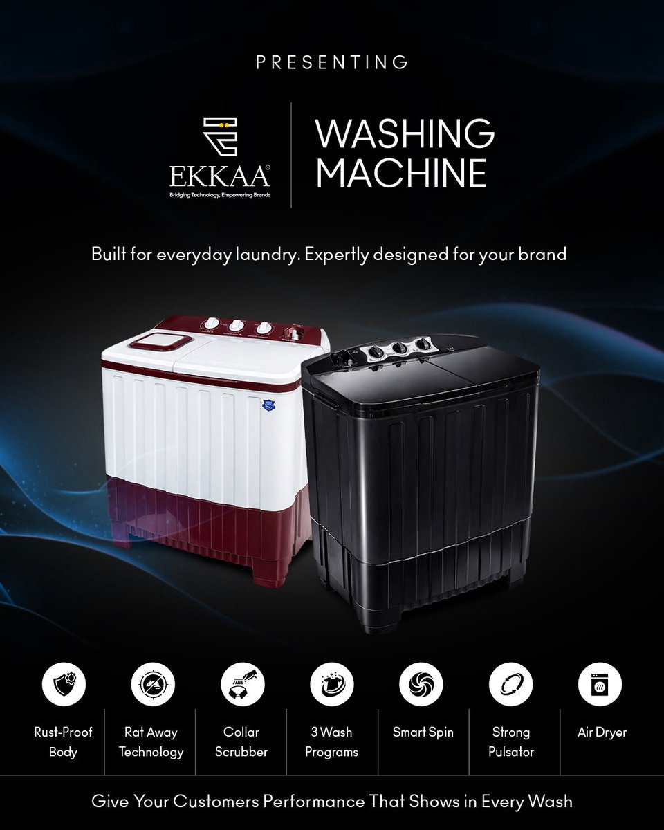 ekkaaofficial's tweet image. Future-proof your brand with Ekkaa’s durable washing machines. Rust-proof body, deep cleaning tech, 3 wash modes, and smart spin ensure reliable, high-performance laundry solutions.

#Ekkaa #ODM #Manufacturing #EkkaaElectronics