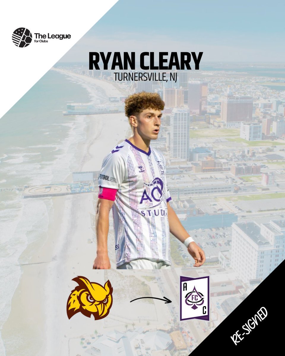 AtlanticCityFC's tweet photo. For the fourth time, please welcome back one of the best defenders in club history
Ryan Cleary is back in Atlantic City. 🃏🖤
2025 USC Scholar All-American | NJAC Defensive Player of the Year | Back-to-back All-Conference First Team
The wall stays up. 🔒#acesup♠️⚽️ https://t.co/U47FntrJQv