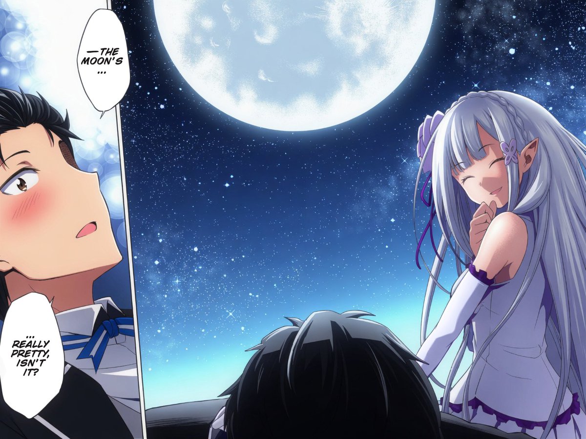 Fun Fact: A nuance lost in translation, but the phrase 'Tsuki ga kirei desu ne' is a famously indirect way to confess one's love.

Arc 2 manga illustration  
#rezero #リゼロ