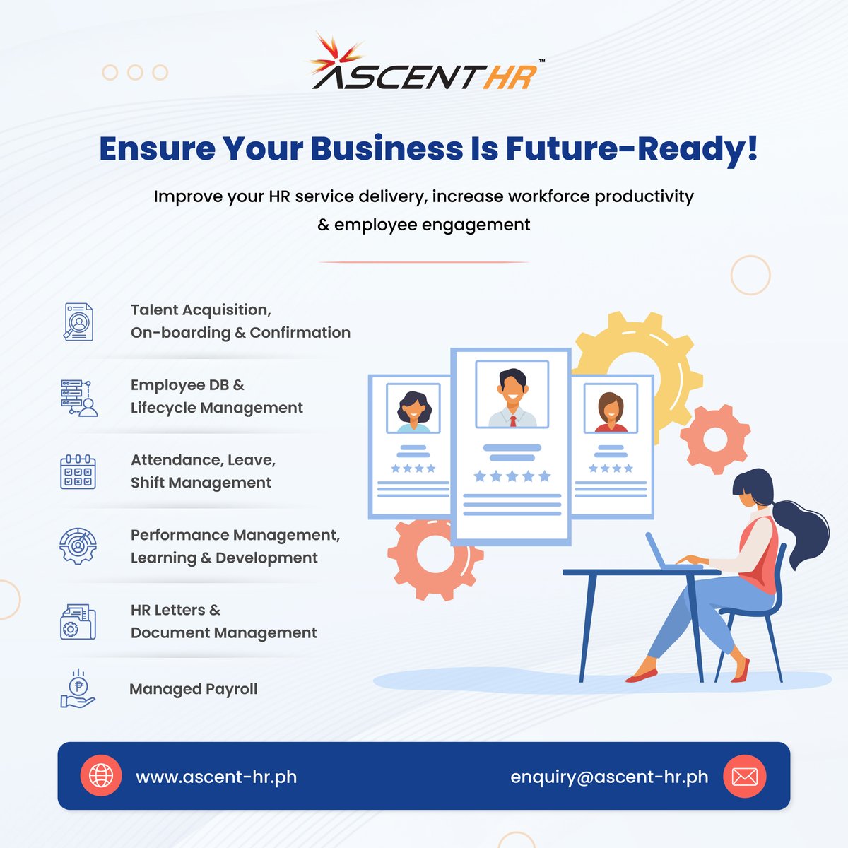 ascenthrphil's tweet image. From talent acquisition to managed payroll, our solutions streamline service delivery &amp;amp; enhance employee engagement and management.

✅Simplify processes
✅Maximize productivity
✅Improve employee experience

Contact Us: ascent-hr.ph/contact/?utm_s…

#ascenthr #HRMS #HRTech #HR
