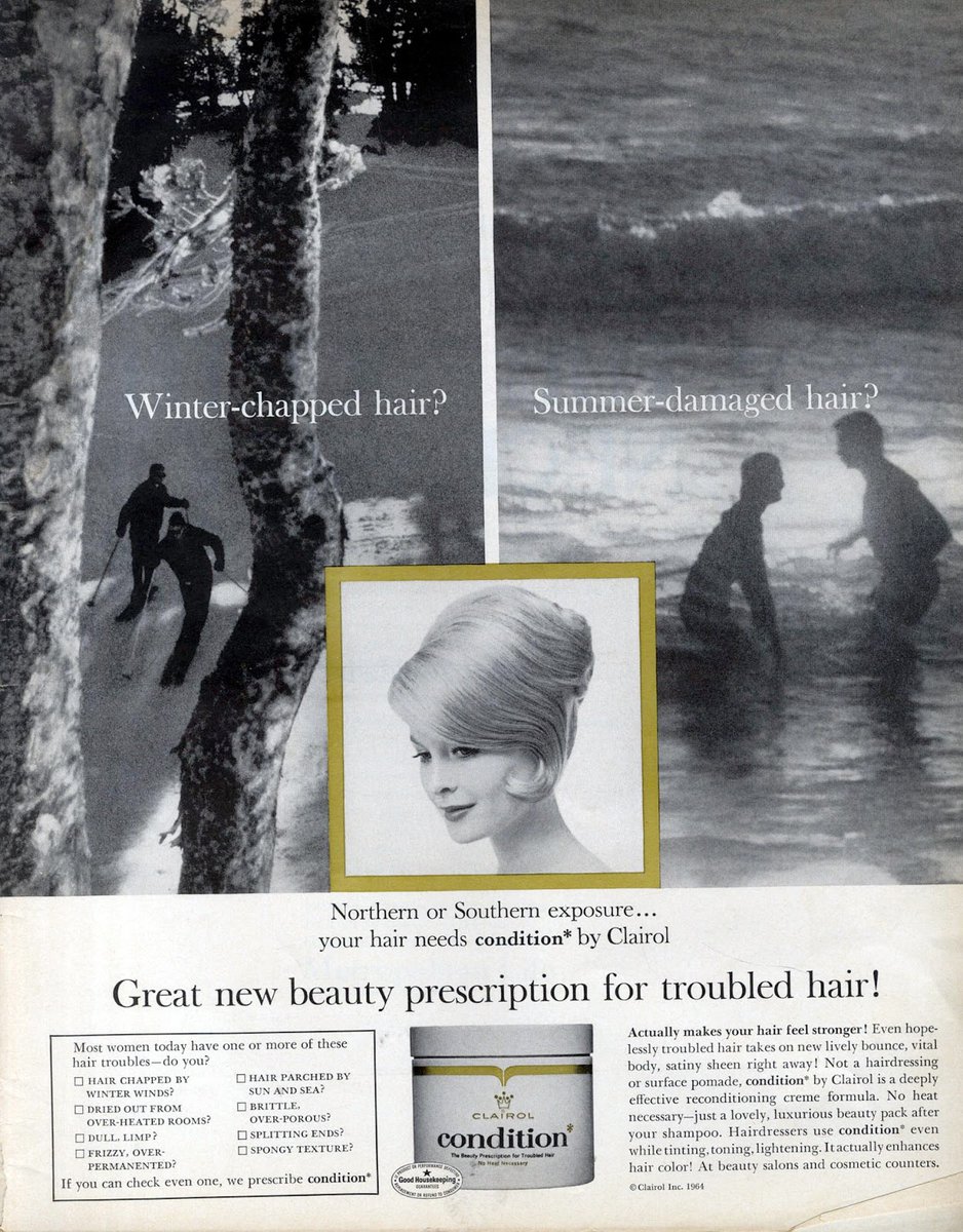 LRonLacy's tweet image. In #APRIL 1964
‘Winter-chapped hair? Summer-damaged hair?
Great new prescription for troubled hair!’
Clairol Condition. April 1964
‘Northern or Southern exposure ... your hair needs condition* by Clairol
#winter #summer #hairstyles #haircare #conditioner #Clairol #1960s
