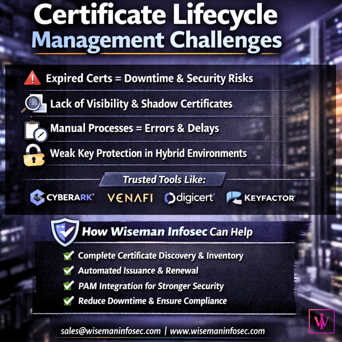 officialwisema's tweet image. Certificates shouldn’t be a hidden risk. From visibility gaps to sudden expiries, weak lifecycle management can disrupt business. Secure it with the right strategy.
📩 sales@wisemaninfosec.com
🌐 wisemaninfosec.com
#CyberSecurity #PAM #CLM #CloudSecurity #WisemanInfosec