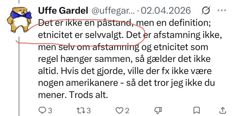 PeterRa58783464's tweet image. "Etnicitet er selvvalgt", skriver @uffegardel. Fint. Jeg vil vælger hermed at være en australsk aboriginal. Desuden vil jeg anbefale Uffe Gardel at vælge at være mongol. 
#dkmedier