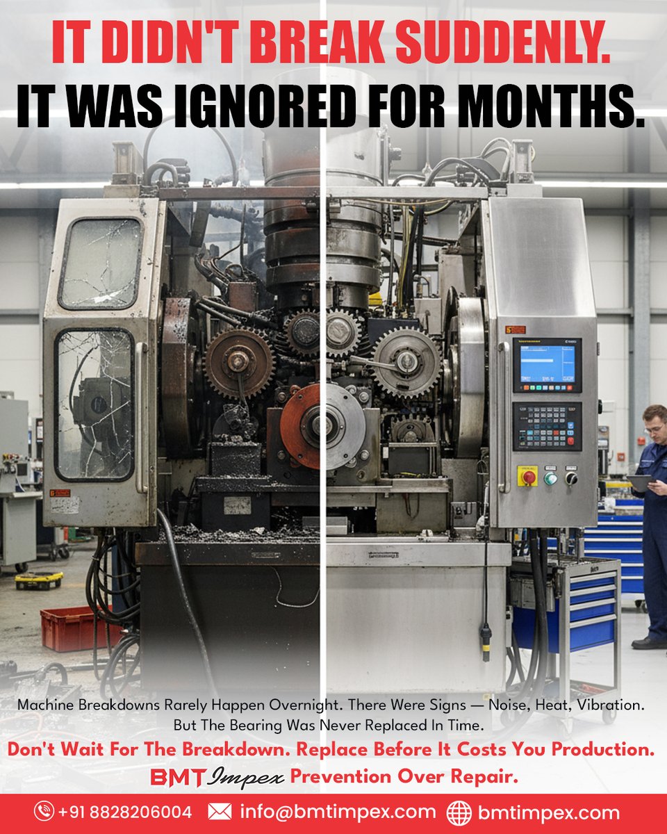 BmtImpex's tweet image. That machine didn't fail suddenly.

It gave you warnings — noise, heat, vibration — for months.

You just didn't act on them.

Replace the bearing before it costs you production. 🔧

📞 +91 8828206004 | bmtimpex.com

#PreventiveMaintenance #BMTImpex #ManufacturingTips