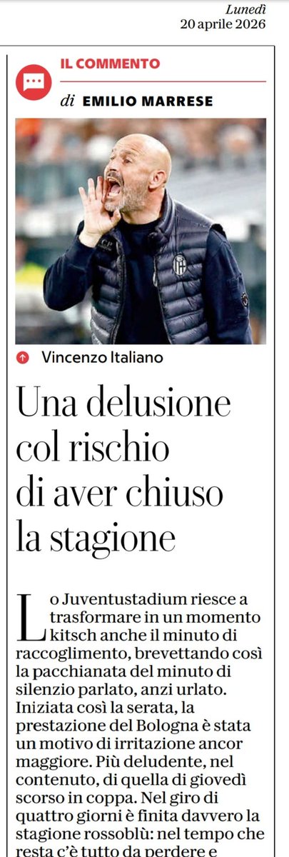 Questo indecente cialtrone, Emilio Marrese oggi su Repubblica Bologna, simbolo del letame dei giornalisti bolognesi quando parlano della <a href="/juventusfc/">JuventusFC</a>. E pure cretino, non ha capito nulla. Contro questa feccia vanno presi provvedimenti <a href="/chiellini/">Giorgio Chiellini</a>