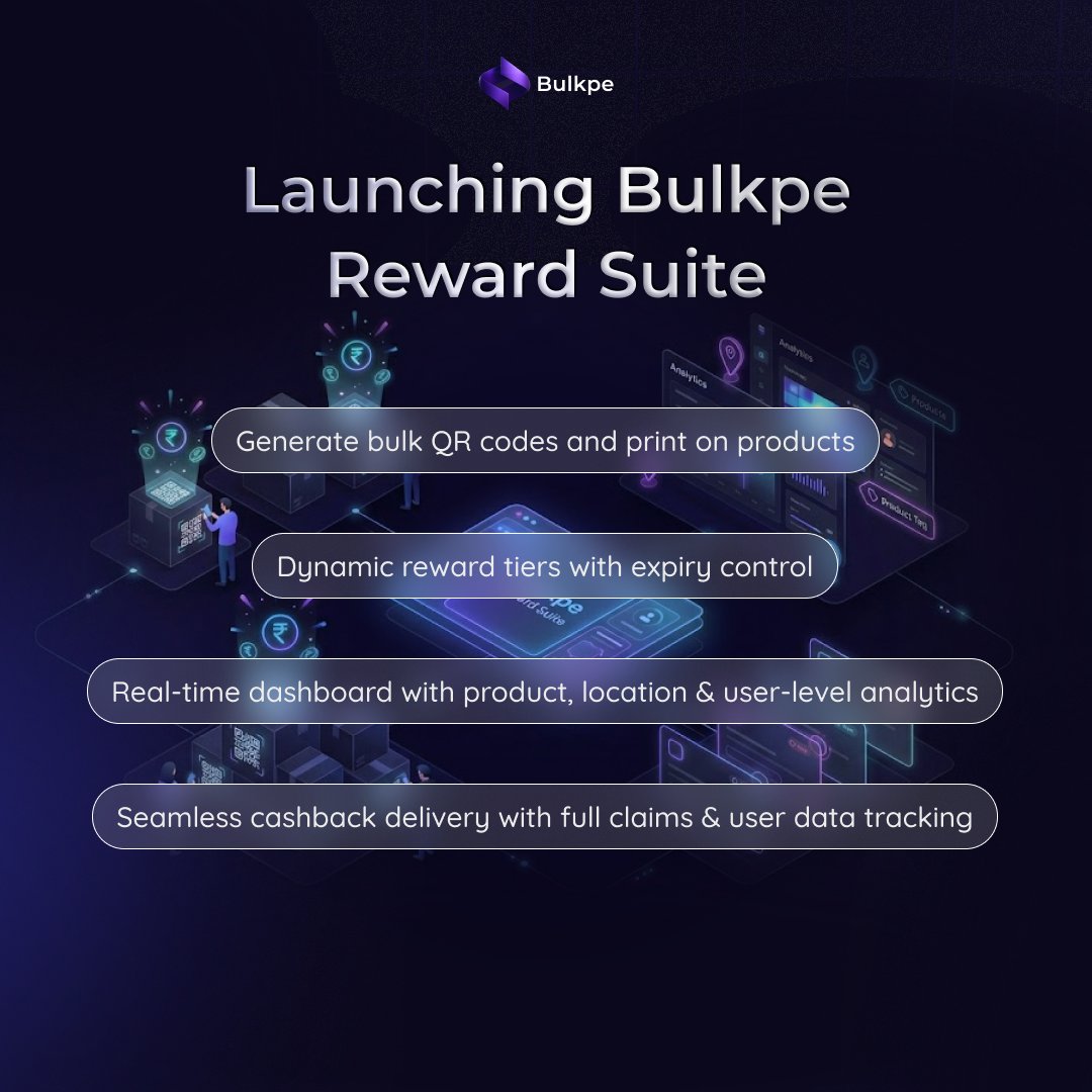 Bulkpe_in's tweet photo. Introducing Bulkpe Reward Suite 🚀

Print QR codes on your products → customers scan → instant cashback 💸

✅ Bulk QR generation
✅ Dynamic reward tiers
✅ Real-time location analytics
✅ Full claims &amp; payout tracking

One platform. Zero chaos. ⚡
#BulkpeRewardSuite #Cashback https://t.co/JEPRKgL0bh