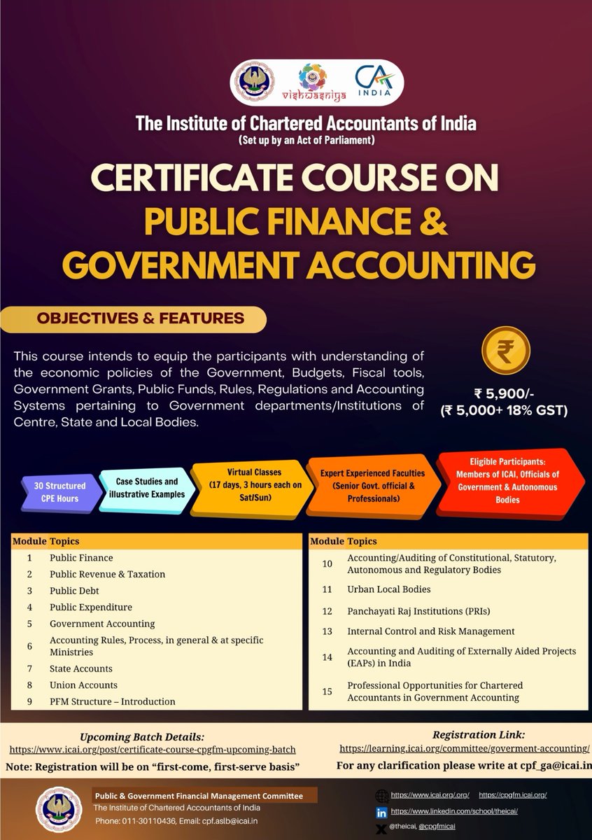 39th online batch of Certificate Course on Public Finance &amp; Government Accounting of P&amp;GFMC of ICAI is commencing from 7th June, 2026. Classes on Saturdays &amp; Sundays only. For details, please visit: resource.cdn.icai.org/91703cpgfm-aps…