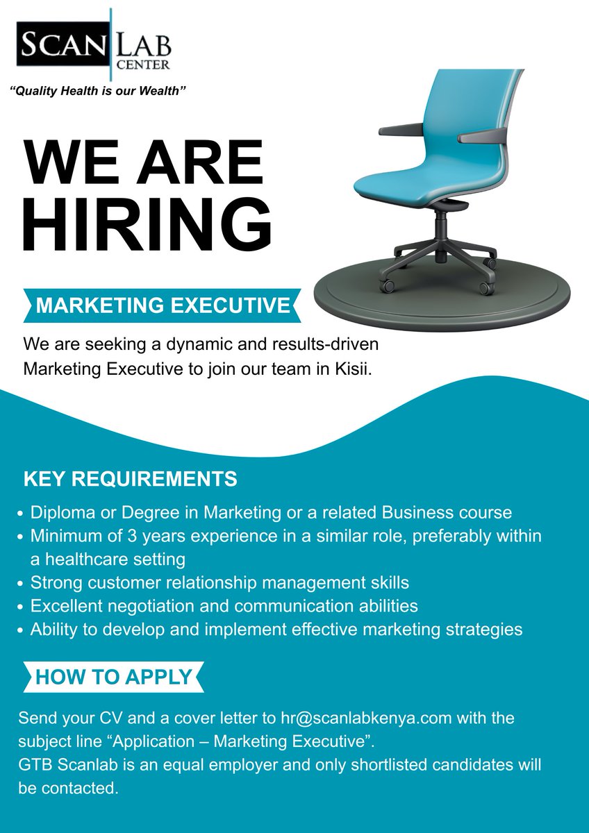 ScanlabKenya's tweet image. We’re looking for a Marketing Executive with a passion for strategy, strong people skills, and a commitment to quality healthcare. 
Only shortlisted candidates will be contacted.
#hiring
#JoinOurTeam
#vacancy
#qualityhealth
#scanlabkenya