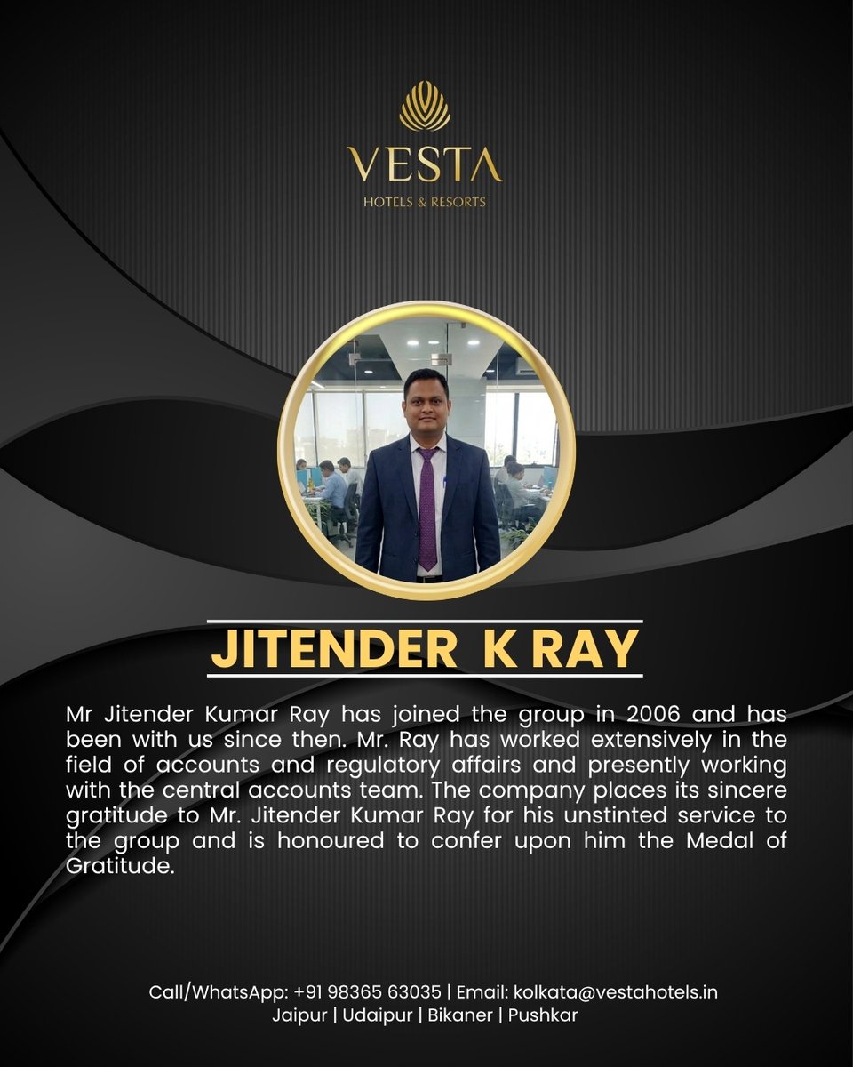 A moment of pride for the Vesta family! 🎖️ We are honoring Jitender Kumar Ray with the Medal of Gratitude. His dedication is an inspiration to us all, and we are grateful to have him with us as we celebrate our journey of service and excellence.

Call us - +91 98365 63035