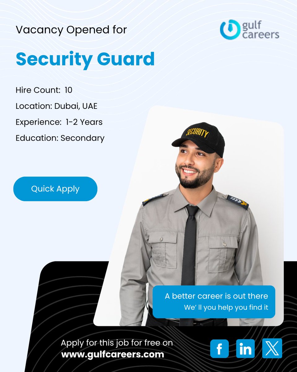 GulfcareersUae's tweet image. Position: Security Guard

🕑 Experience Required: 1–2 Years
💰 Salary: AED 1,700 – 2,000 (Monthly)
⏳ Application Deadline: May 15, 2026
🚻 Gender Preference: Male
🎓 Education Qualification: Secondary

gulfcareers.com/job/dubai/secu…

#SecurityGuard #SafetyJobs #UAEJobs #ApplyNow