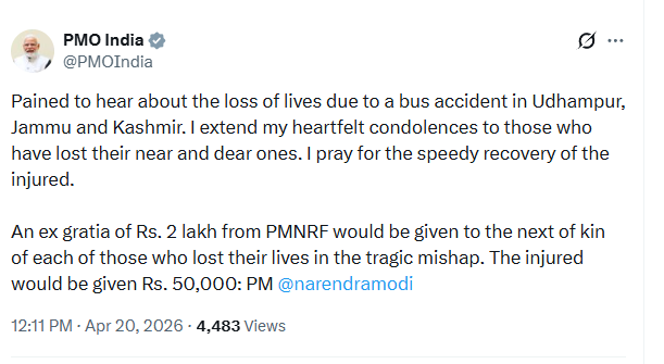 jkmediasocial's tweet image. PM Modi Expresses Condolences Over Udhampur Road Accident, Announces Ex-Gratia

#Udhampur #Accident #JammuKashmir