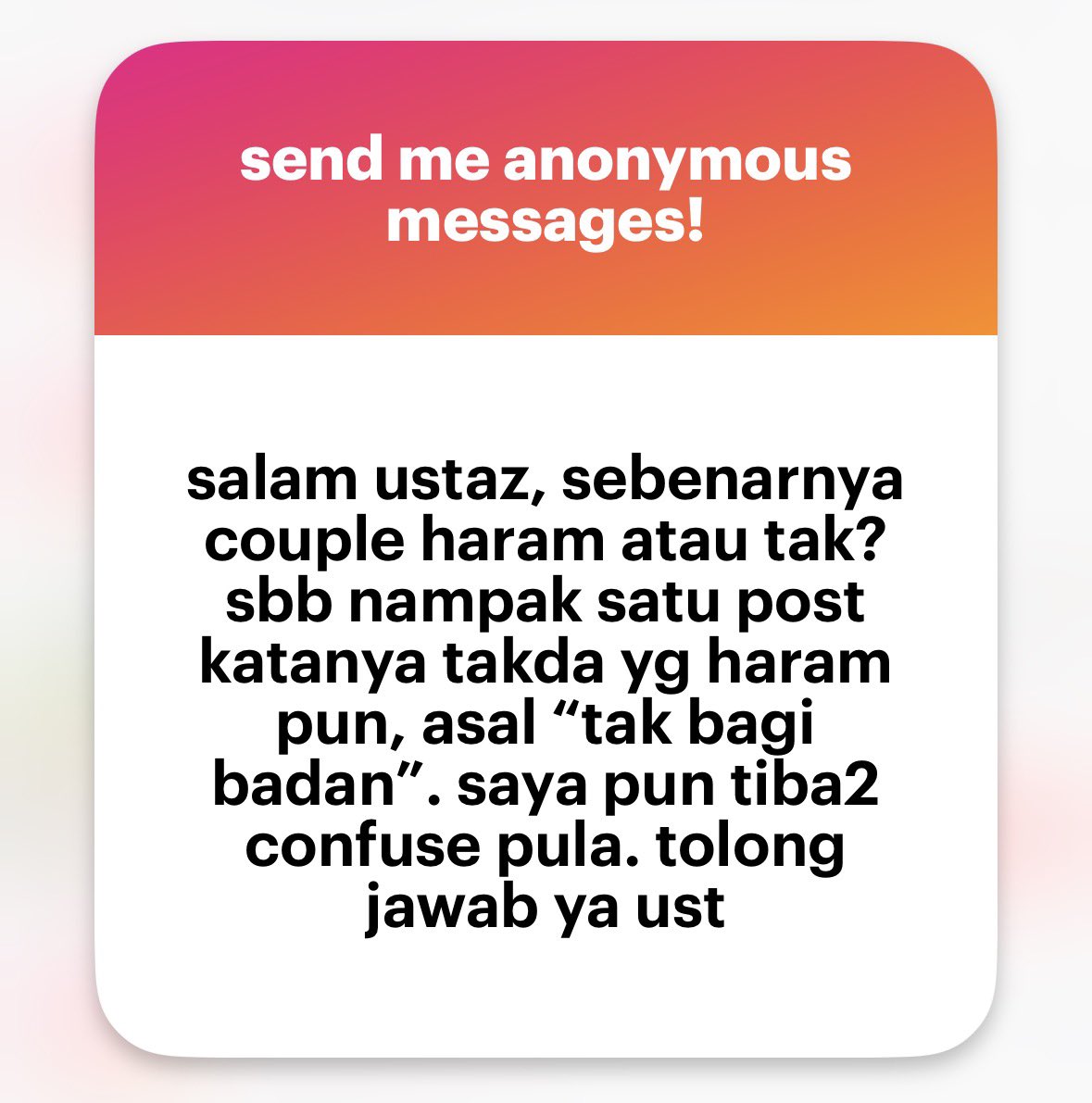 mnasrullah00's tweet photo. Waalaikumussalam 

Couple atau berkongsi perasaan tanpa niat untuk berkahwin termasuk dalam cubaan untuk mendekati zina.

Benda ni pun Allah SWT dah suruh jauhkan, apatah lagi jika dinormalisasikan.

Syaitan sentiasa ada sebagai pihak ketiga untuk menghasut orang yang berdua-duaan di tempat yang tersembunyi; sama ada dia berkopiah mahupun tidak.

Semoga Allah perlihara keturunan kita daripada menormalisasikan perbuatan ini.