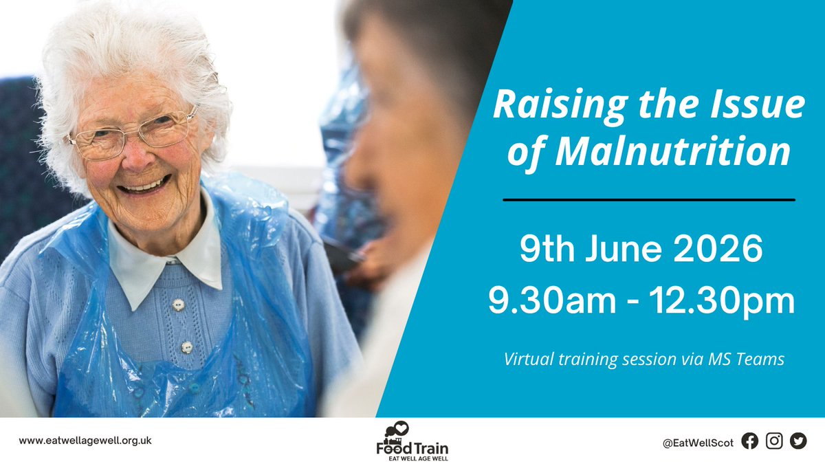 EatWellScot's tweet image. Our next Raising the Issue of Malnutrition training session takes place on 9th June

Build your understanding on why older people are at greater risk of #malnutrition, learn the signs &amp;amp; symptoms and how to use simple screening tools.

Register here: bit.ly/4gr7wyR