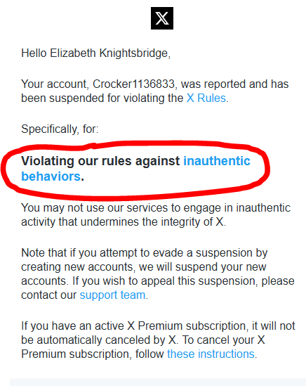 Crocker1136833's tweet photo. My account was suspended for "inauthentic behaviors" (in other words, I hadn't violated any X rules they just didn't like my opinions on certain topics) and my subsequent appeal was rejected.

Got my account back anyway!
It's crazy what this shite site has become!
- https://t.co/gBjPMopp0u