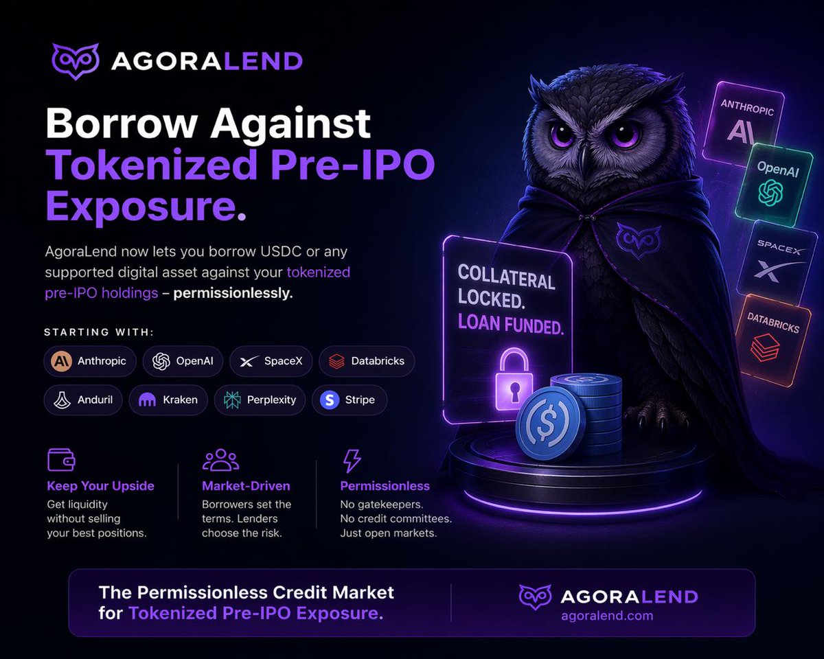 agoralend's tweet photo. 🚀 AgoraLend is opening the permissionless credit layer for tokenized Pre-IPO markets.

Borrow or lend USDC and other digital assets against tokenized exposure to high-demand private companies like Anthropic, OpenAI, SpaceX, Databricks, Anduril, Kraken, Perplexity, and Stripe — if the market is willing to lend. 🦉

No gatekeepers.
No credit committees.
Just open, market-driven lending for every asset. ⚡

🔥 The $AGORA presale is LIVE.

🌐 Learn more: https://t.co/FVfG0vVnnq