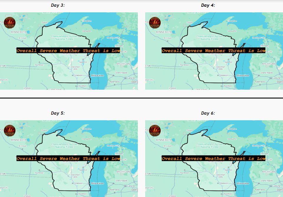 WISVRWXCENTER's tweet image. 2:10 AM CDT #Outlook
Wisconsin Endures a Quiet D3, D5-D6.
D3-6: No Risk
D3, D5-D6: Low Chance for Severe Storms. General T-Storms for WI.
D4: Low Chance for Severe Storms. Watching for Some Potential for Severe Weather in Western WI.

More Info: sites.google.com/view/wisconsin…
#wiwx