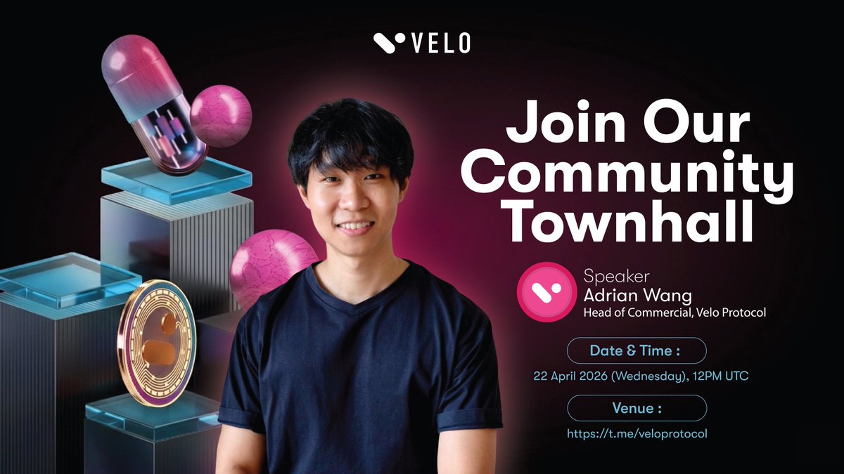 🚨 Velo Community Townhall 

Join Adrian Wang (Head of Commercial) for a live session with updates.

🗓 22 Apr 2026, Wednesday
⏰ 12PM UTC
📍 t.me/veloprotocol

Submit your questions: qisrpl.short.gy/zUCnZ0
⏳ Deadline: 21 Apr, 12PM UTC

See you there! 💫