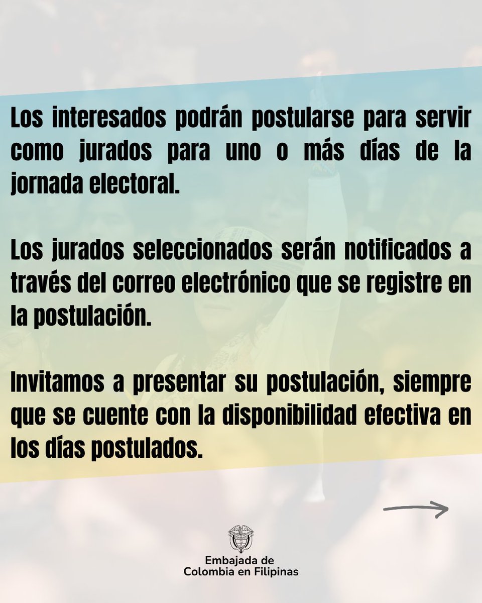 EmbColFilipinas's tweet photo. La Embajada de Colombia en Filipinas invita a todos los ciudadanos colombianos residentes en el país a participar en la CONVOCATORIA PÚBLICA PARA JURADOS DE VOTACIÓN VOLUNTARIOS EN MANILA, FILIPINAS (ELECCIONES PRESIDENCIA DE LA REPÚBLICA 2026). https://t.co/2oAtnWDQMN
