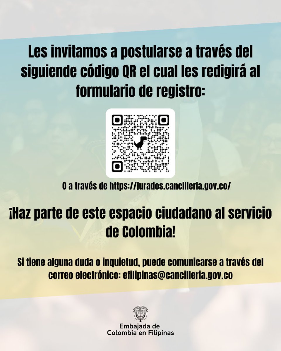 EmbColFilipinas's tweet photo. La Embajada de Colombia en Filipinas invita a todos los ciudadanos colombianos residentes en el país a participar en la CONVOCATORIA PÚBLICA PARA JURADOS DE VOTACIÓN VOLUNTARIOS EN MANILA, FILIPINAS (ELECCIONES PRESIDENCIA DE LA REPÚBLICA 2026). https://t.co/2oAtnWDQMN