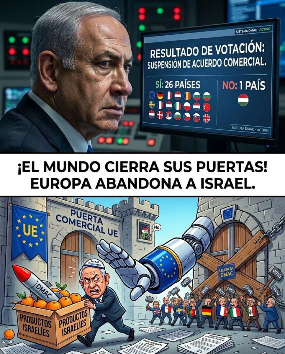 〈商業クーデター！🇪🇺🇮🇱 欧州連合が最も重要な局面でイスラエルを見放す 💥〉

国際情勢の盤面がいま大きく揺らぎました。欧州連合27か国のうち26か国が、イスラエルとの貿易協定の停止に賛成票を投じたのです 📉
