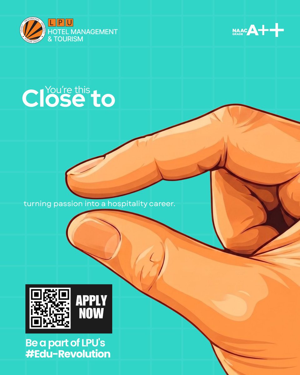 LPUHotelMgt's tweet photo. You’re this close to turning your passion into a successful career 👨‍🍳✨
Take the step. Your journey in hospitality begins here.
#LPU #HotelManagement #DreamCareer #HospitalityLife #FutureChef #CareerGoals #AdmissionsOpen #StudyWithPurpose #SuccessStartsHere #NAACAAPlusPlus https://t.co/vLHkvvQbu3