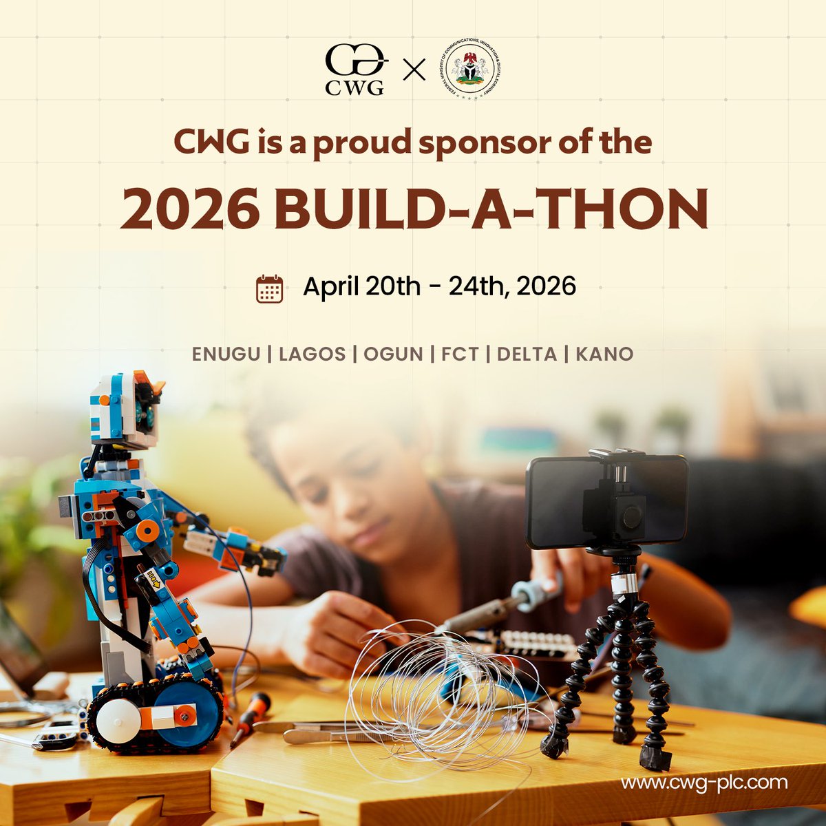 CWGAfrica's tweet photo. Today, we join the Federal Ministry of Communications, Innovation &amp; Digital Economy (FMCIDE) to officially kick off Build-A-Thon 2026.

Stay tuned as we follow their journey from curiosity to innovation over the next 4 days.

#CWGPlc #BuildAThon2026 #Innovation #Technology https://t.co/yTIyylDNp5