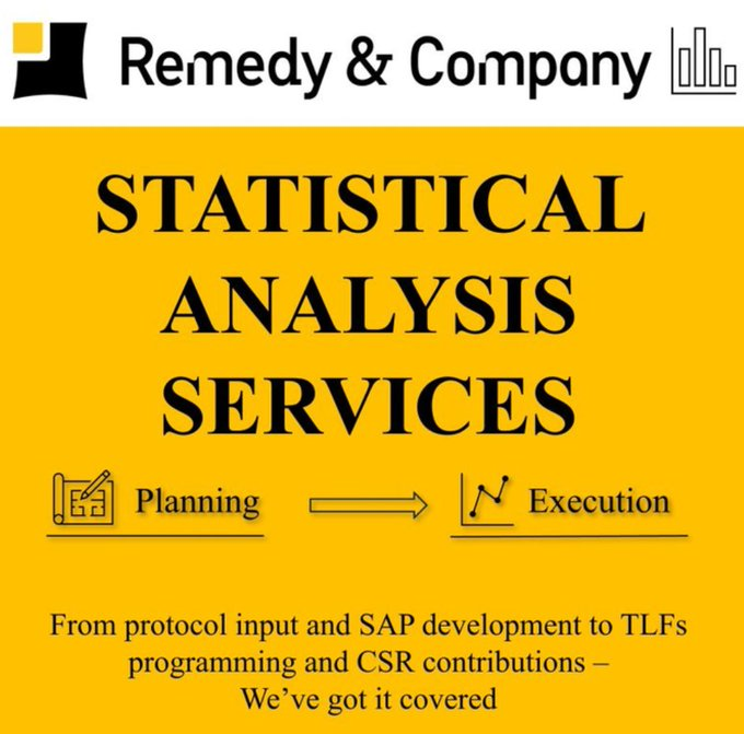 remedy__global's tweet photo. 📊 From planning to reporting, Remedy’s Stats Team delivers end-to-end support: sample size, SAP, randomisation, ADaM, TLFs, SAR & CSR. Precise, compliant, insightful.
Let’s partner for your next trial.
#RemedyAndCompany #Biostats #ClinicalTrials #StatisticalAnalysis #CRO https://t.co/Uj9mRfTQ48