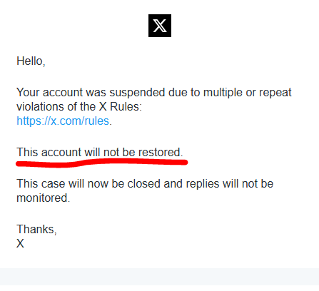 Crocker1136833's tweet photo. My account was suspended for "inauthentic behaviors" (in other words, I hadn't violated any X rules they just didn't like my opinions on certain topics) and my subsequent appeal was rejected.

Got my account back anyway!
It's crazy what this shite site has become!
- https://t.co/gBjPMopp0u