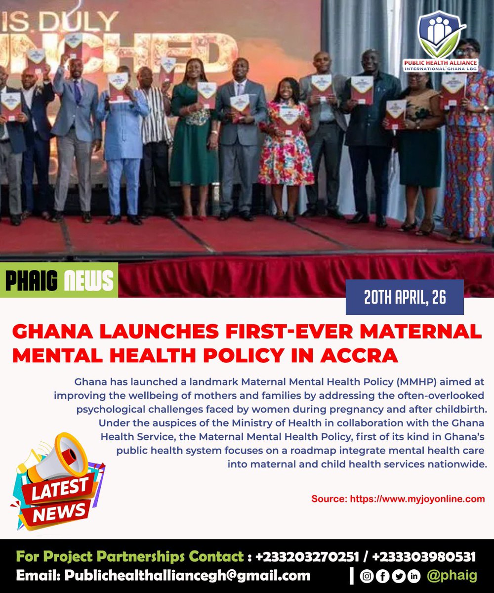 Phaig_Health's tweet image. Ghana launches its first Maternal Mental Health Policy in Accra - a major step toward supporting mothers’ wellbeing during and after pregnancy.

#MaternalHealth #MentalHealth #PublicHealth
