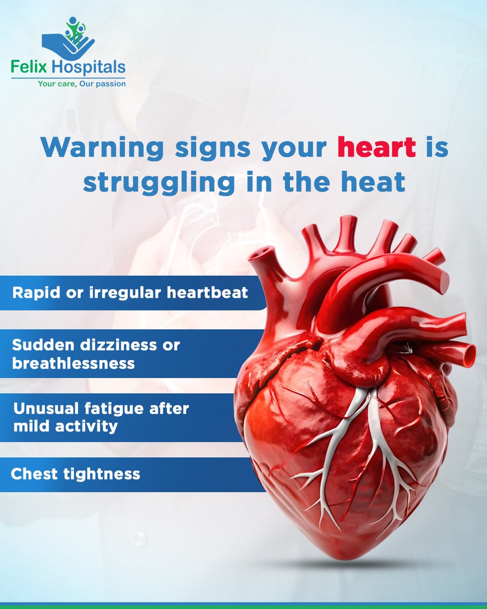 WellnessFelix's tweet image. Don’t ignore what your heart is telling you in the heat—rapid heartbeat, dizziness, unusual fatigue, or chest tightness could be warning signs.

#HeartHealth #HeatSafety #SummerHealth #PreventiveCare #HealthAwareness #BeatTheHeat #StaySafe #WellnessMatters #FelixHospital