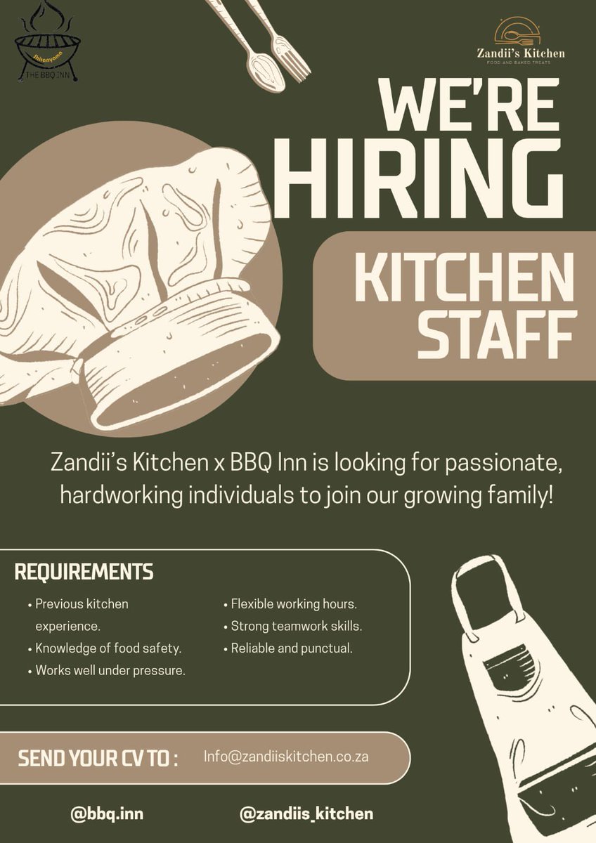 zandii_gura's tweet image. Dumelang Ditsala,

Zandii’s Kitchen x BBQ Inn is #hiring . Please retweet for awareness 🙇🏽‍♀️♥️. 

And yes, please come and join us for our official launch on the 1st of May 2026.
