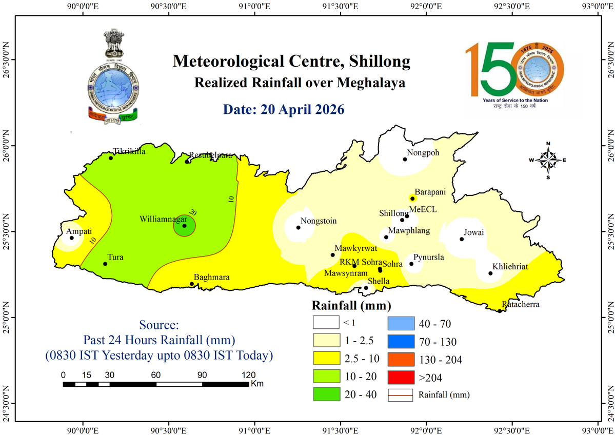 imd_shillong's tweet image. Rainfall observed for Meghalaya Dt. 20-04-2026 #WeatherUpdate #weatherdata #temperature #Meghalaya #HarHarMausam