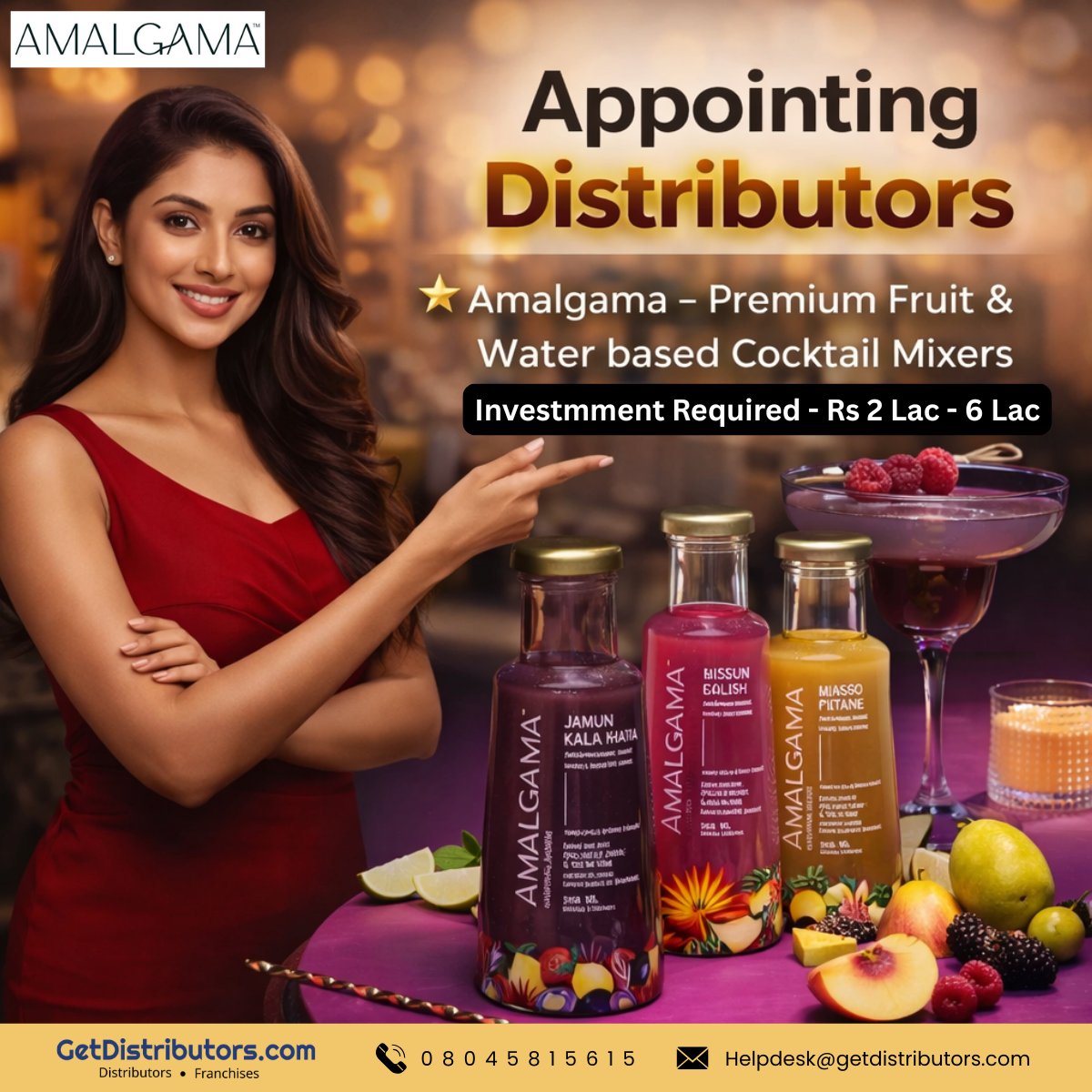 getdistributors's tweet image. Appointing Distributors for Amalgama – Premium Fruit &amp;amp; Water based Cocktail Mixers
Brand #Amalgama
Details 👉 getdistributors.com/tiny/CKpadkYCVO
★Investment Needed : ₹ 2 Lac - 6 Lac
★High profit margin
✓Hurry to take #Distributorship !
Share your contact details.
#RNRSignatureCocktails