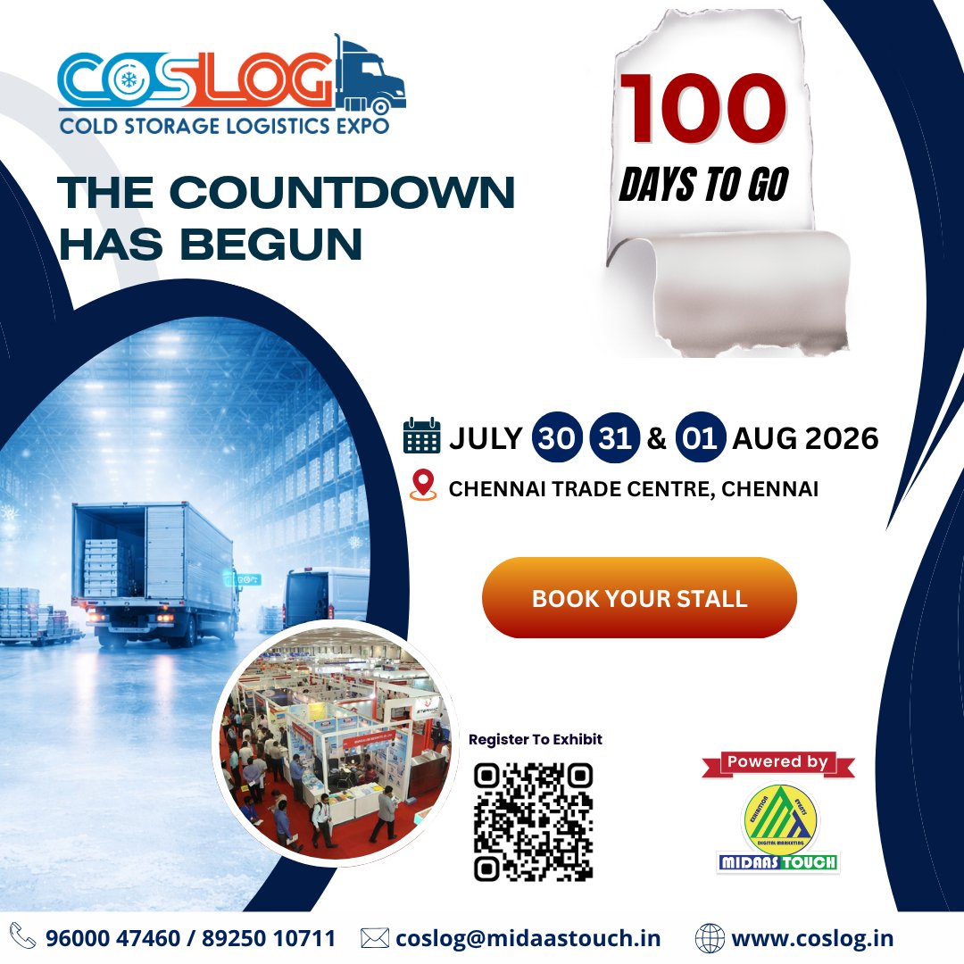 CoslogExpo's tweet photo. ⏳ 100 Days to COSLOG 2026
Showcase your cold storage &amp; logistics solutions to serious buyers.
✔ Meet decision-makers
✔ Generate quality leads
✔ Expand your business
 Chennai Trade Centre
 July 30–31 &amp; Aug 01, 2026
🚀 Limited stalls available — Book now

#COSLOG2026 #ColdChain https://t.co/WPZOEi04ib