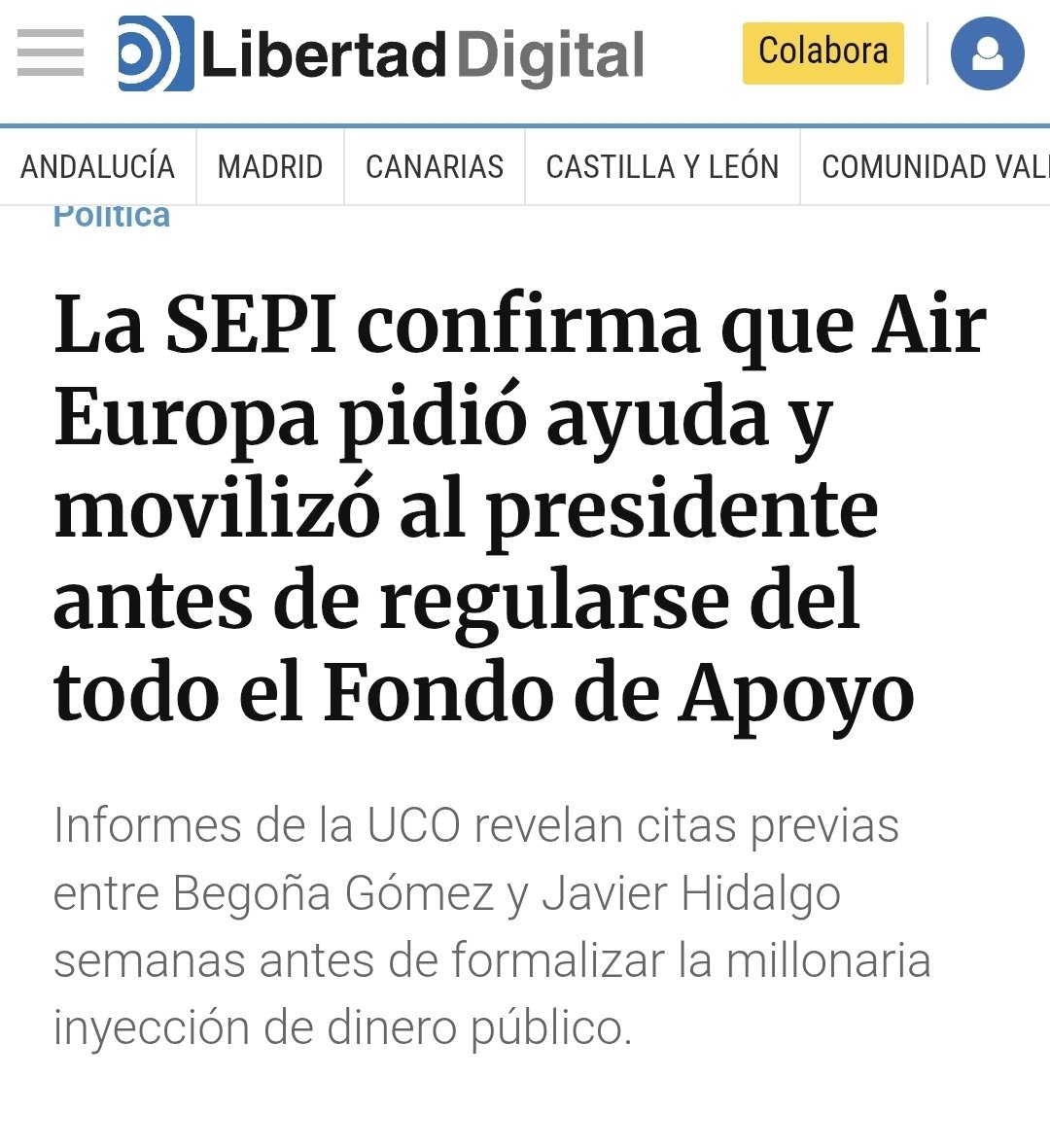 MEGACORRUPCIÓN DEL GOBIERNO: AIR EUROPA
CORRUPCIÓN EN LA FAMIGLIA 

💣💣 La SEPI confirma que Air Europa pidió ayuda y movilizó al presidente ANTES de regularse del todo el Fondo de Apoyo.

Es un hecho irrefutable que las citas entre Begoña Gómez y Javier Hidalgo fueron previas a