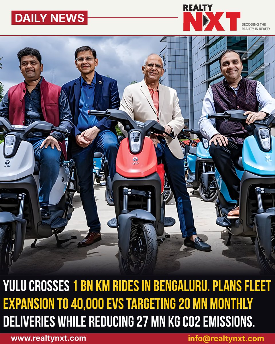 RealtyNXT's tweet image. #News | @YuluBike crosses 1 billion km rides in Bengaluru, plans EV fleet expansion to 40,000 vehicles to support 20 million monthly deliveries sustainably.

#RealtyNXT #Yulu #Bengaluru #EVIndia #GreenMobility #UrbanLogistics #SustainableFuture #SmartTransport