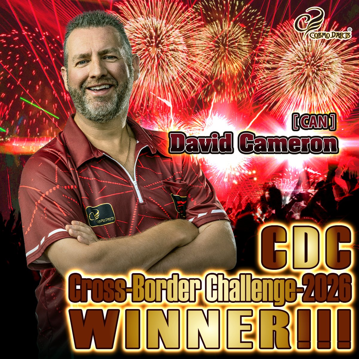 CosmoDartsInt's tweet photo. 🎯 CDC Cross Border Challenge 2026 Results 🎯

What a weekend in Canada 🇨🇦🔥
A fierce tournament and David “The Excalibur” Cameron takes the crown 👑 
Our veteran Canadian knight sealed the victory with a solid 7-3 win against Ada Sevada 💪

⚔️ And every knight needs the perfect sword…
Step up your game with the David Cameron V2 👉(https://t.co/MRVXY2rWrp)
and don’t miss his new release flights from this month (https://t.co/cfCY08kFvz

Ready to play like Excalibur? ⚡
Ask your local partner and get your hands on this setup! https://t.co/lIH23oeXJK
👏 Once again, congratulations David!!!
👏 Let’s not forget Jeff Smith @TheSilencer170 , who made a great run to the Quarter-finals, eventually falling to David💥

🔥 And to top it all off…
With an incredible run of 7 wins out of 8 during the Cross Border Challenge, 🇨🇦 Team Canada takes the Nations Cup!!! 🏆
What a performance from the Canadian squad!

#CosmoDarts #FitFlight #Darts #CDC #DavidCameron #JeffSmith