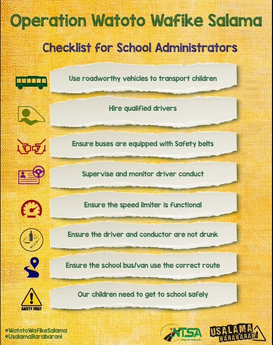 ntsa_kenya's tweet photo. As schools prepare to reopen, all school administrators are urged to ensure that their transport vehicles are roadworthy and compliant with safety regulations. #WatotoWafikeSalama #UsalamaBarabarani https://t.co/yIzFBq9EDq