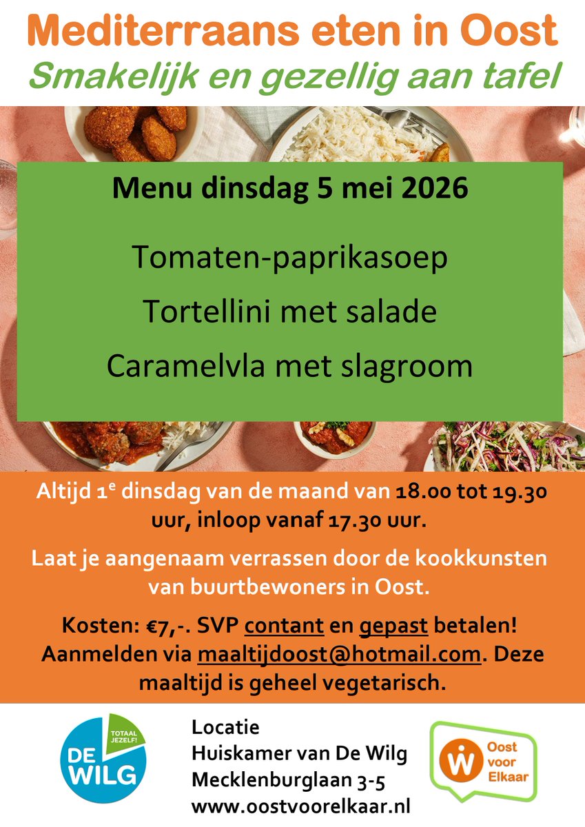 Wijkinfopunt's tweet photo. Op dinsdag 5 mei 2026 (Bevrijdingsdag!) is er weer een buurtmaaltijd  'Mediterraans eten in Oost'. Zie hieronder het menu.

De kosten voor de maaltijd zijn € 7,-, inclusief toetje.

Aanmelden  is noodzakelijk en kan door te mailen naar maaltijdoost@hotmail.com https://t.co/23730RYvfV