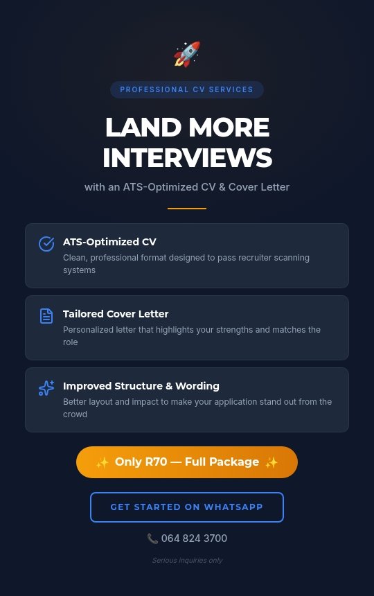 MetjahTebogo's tweet photo. #AD
🚀 CV REVAMP SERVICE AVAILABLE 🚀

Struggling to get interview calls? Your CV might be the problem.

I’m offering a Professional ATS-Friendly CV Revamp + Cover Letter to help you stand out and pass recruiter systems.

What you get (R70):
✔ ATS-Optimized CV (clean, professional format)
✔ Tailored Cover Letter
✔ Improved structure & wording for better impact

Perfect for job seekers who want to increase their chances of getting shortlisted.

📩 To get started:
WhatsApp: https://t.co/w80KFSzzhK

Serious inquiries only.