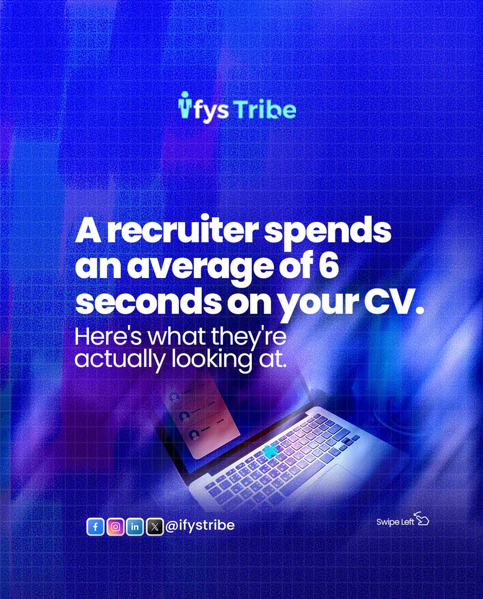 ifystribe's tweet image. A recruiter spends just 6 seconds on your CV.

Your entire career, achievements, and potential, judged faster than pouring a glass of water.

The real question isn’t “Is my CV good?”
It’s “What does the recruiter actually see in those 6 seconds?”
#tyla #happynewweek
