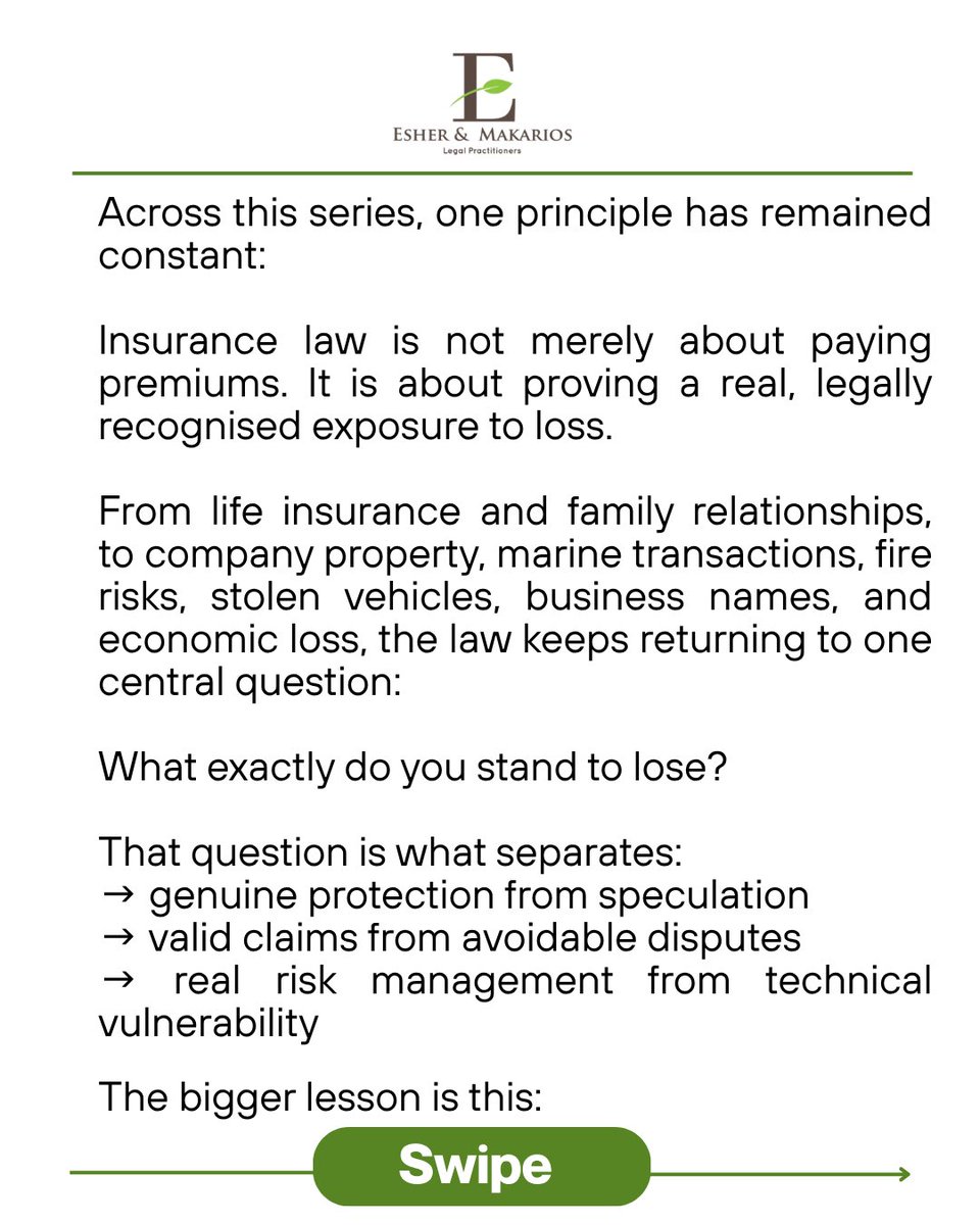 eandmlaw's tweet image. After everything in this series, one question remains:

What do you truly stand to lose?

This final post highlights why insurance is not just about paying premiums, but proving real exposure to loss.

Swipe through to see the key takeaway.

#InsuranceLaw #legalInsight