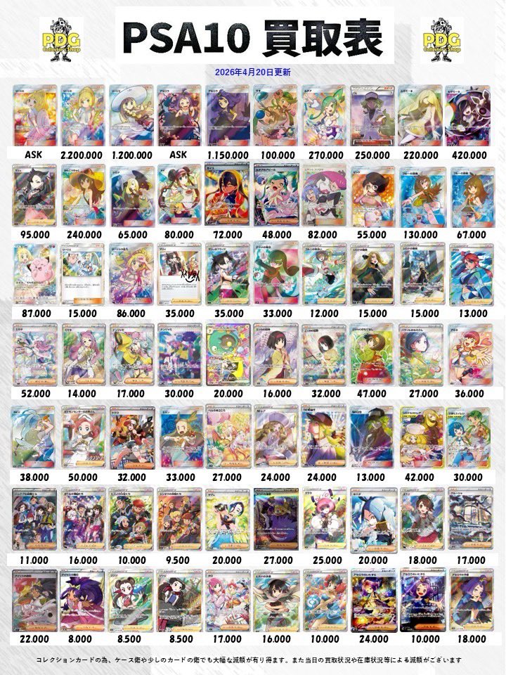 PDG_osaka's tweet image. 🔥ポケモンカード店頭強化買取表🔥

本日の買取表です‼️
買取表以外のPSAもドシドシ募集中💞

お持ち込みお待ちしております‼️✨️

もし持ってるカードあったら、
いいね👍とリポスト📮おねがいします❗️

#買取
#PSA
#大阪
#オタロード
#ポケカ
#ポケモンカード