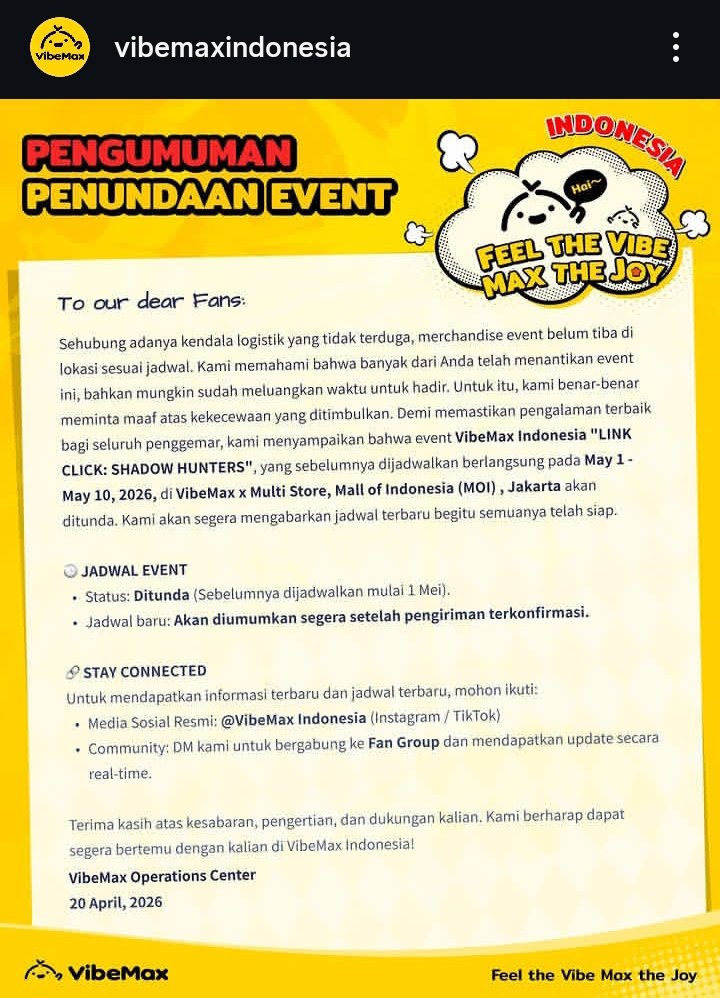 INFO TERBARU
Pelaksanaan pop-up store Shadow Hunters di lokasi Jakarta ditunda karena adanya kendala logistik pengiriman stok merchandise.
Belum ada kabar apakah ada perubahan jadwal serupa di lokasi Tangerang dan Surabaya.