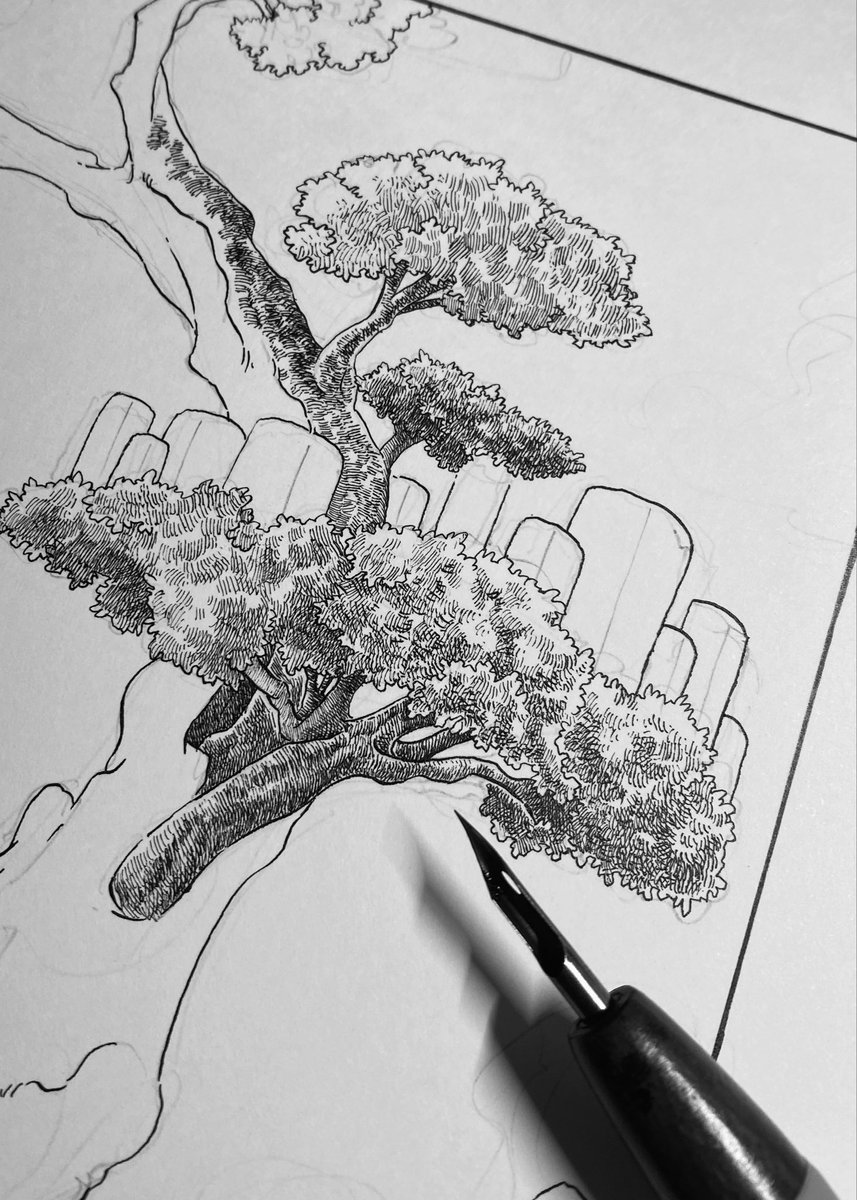 デジタルに慣れたが故の弊害だが、手前から描き始めてしまい、利き手的に最初に描かねばならない左側を無意識に後回しにしてしまっている。
アナログの場合にこれをやると、右側のインクを擦る可能性が極めて高くなるのでこの癖には困る。もう遅いけれど