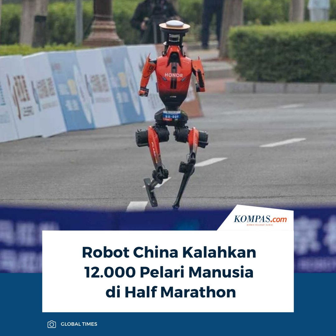 kompascom's tweet image. Robot humanoid bernama Lightning buatan Honor, vendor smartphone sub-brand Huawei, berhasil mengalahkan 12.000 manusia dalam kompetisi lari half-marathon yang digelar di Beijing, China, pada Minggu (19/4/2026).

👉🏻Baca selengkapnya tekno.kompas.com/read/2026/04/2…

~AM #Robot #Marathon