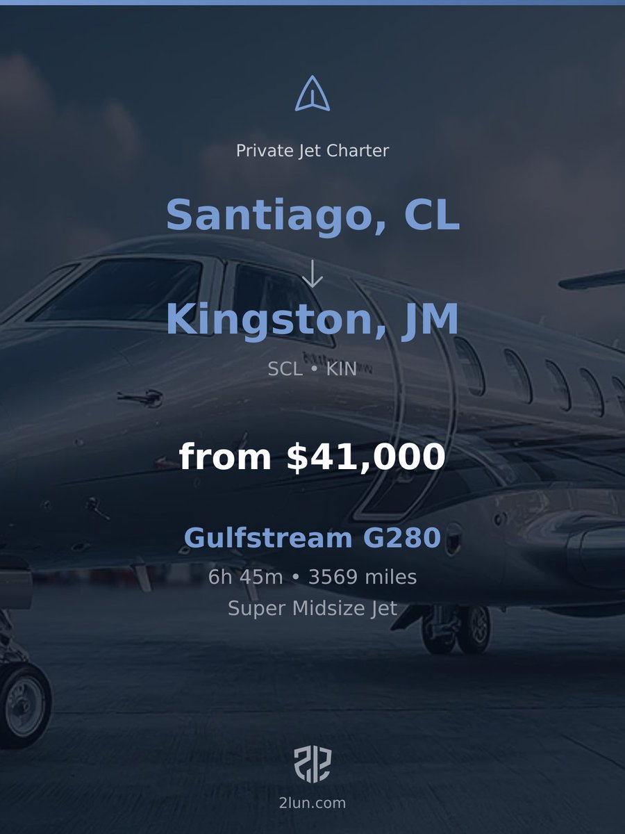 2lunjet's tweet image. 🇨🇱 Santiago → Kingston 🇯🇲
Private Jet Charter

6h 45m | 3569 miles | From $41,000

Book your flight:
2lun.com/route/scel/mkjp

#PrivateJet #PrivateJetLife #TravelInStyle
