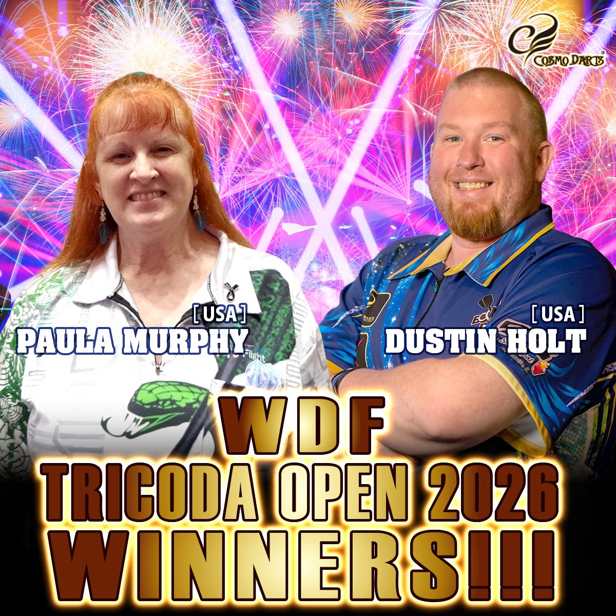 CosmoDartsInt's tweet photo. 🎯 WDF Tricoda Open 2026 Results 🎯
Once again, news from the USA 🇺🇸🔥

This time from the WDF, where our Fit Flight & Cosmo players truly shined! ✨
Special congrats to Paula Murphy & Dustin Holt for their amazing performances! 🏆
🔥 Cosmo players are on fire these days!

Women's WDF Singles 501
Paula Murphy - WINNER 🥇
Robin Curry - Quarter-finals
Cali West - Quarter-finals 

Open WDF Singles 501
Dustin Holt - Runner Up 🥈

Women's Singles Cricket
Paula Murphy - WINNER 🥇
Cali West - Runner Up 🥈

Robin Curry - Quarter-finals
Open Singles Cricket
Dustin Holt - WINNER 🥇
Matthew Thompson- Runner Up 🥈

Open Doubles Cricket
Matthew Thompson: WINNER 🥇

Women's Doubles Cricket
Cali West & Robin Curry - Semi-finals
Paula Murphy - Semi-finals

Women's Doubles 501
Paula Murphy - WINNER 🥇

Mixed Doubles 501

Paula Murphy & Dustin Holt - Runners Up 🥈

👉 Don’t hesitate to check our player page to find their collaboration flights & barrels and experience their setup! 🎯✨
https://t.co/vA4aoTy7pV
https://t.co/RUiOlGa7VP
Congrats again, we are excited to see their next performance!!!

#CosmoDarts #Fitflight #Darts #WDF #PaulaMurphy #CaliWest #RobinCurry #DustinHolt