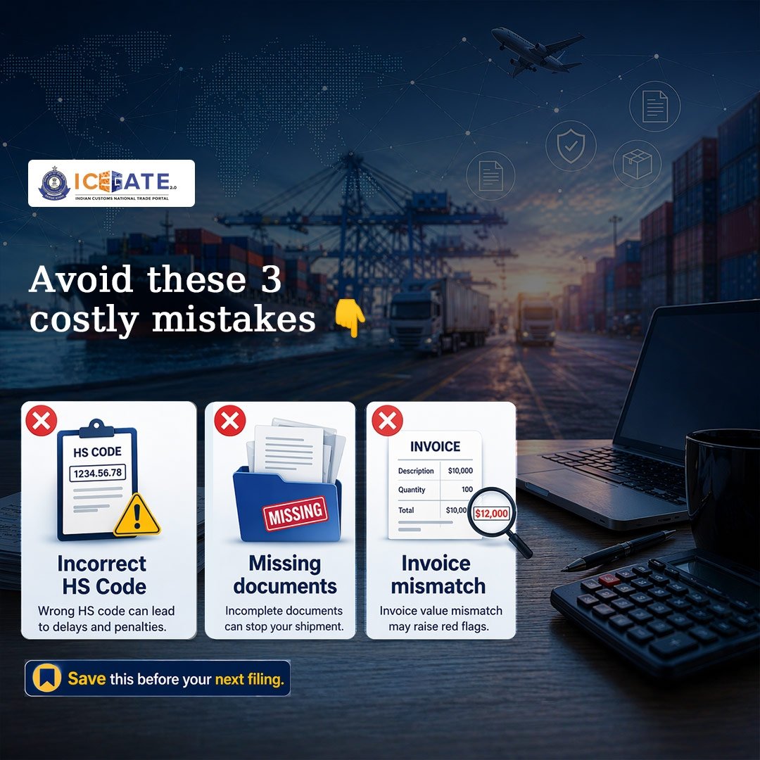 ICEGATE_CBIC's tweet image. 🚫 Avoid THESE 3 costly mistakes before your next filing:

❌ Incorrect HS Code
❌ Missing documents
❌ Invoice mismatch

These can delay shipments, trigger penalties &amp;amp; raise red flags ⚠️
✔️ Double-check before you submit
📌 Save this for later

#ICEGATE #Customs #ExportImport